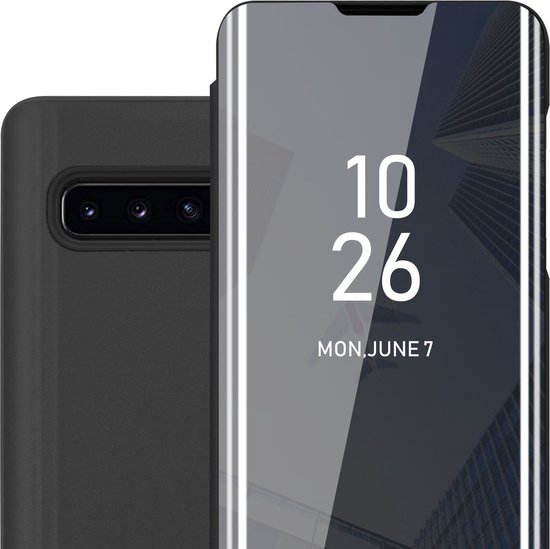 Cadorabo Hoesje geschikt voor Samsung Galaxy S10 4G in TOERMALIJN ZWART - Clear View Spiegel Beschermende Case met Tribunefunctie 360 Graden Bescherming Book Case Cover Etui