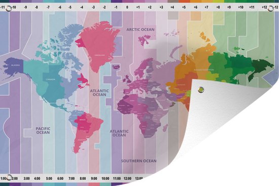 Carte du monde colorée avec les fuseaux horaires indiqués. Affiche de  jardin 60x40 cm | bol
