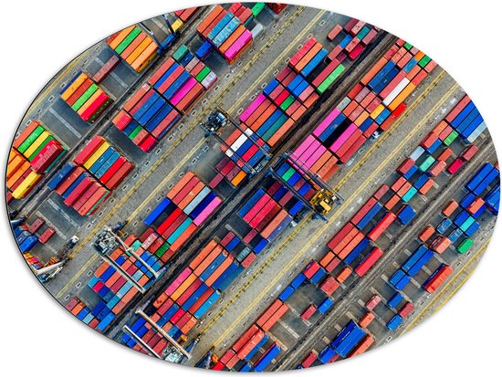 WallClassics - Dibond Ovaal - Zeecontainers in de Haven gestapeld - 96x72 cm Foto op Ovaal (Met Ophangsysteem)