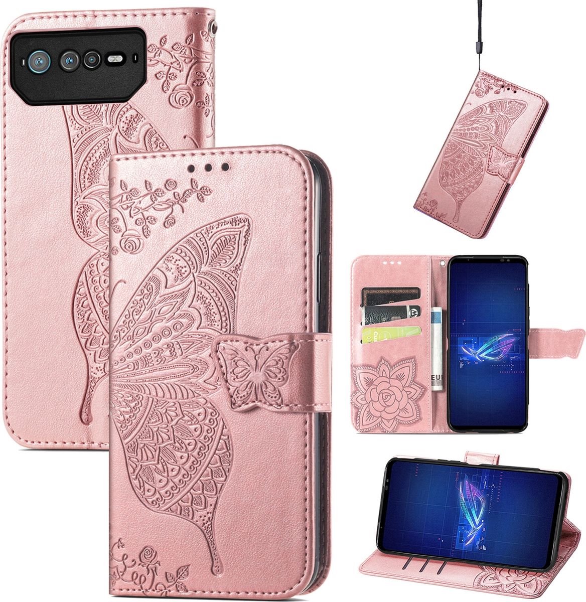 Mobigear Telefoonhoesje geschikt voor ASUS ROG Phone 6 Pro Hoesje | Mobigear Butterfly Bookcase Portemonnee | Pasjeshouder voor 3 Pasjes | Telefoonhoesje voor Pinpas / OV Kaart / Rijbewijs - Roségoud