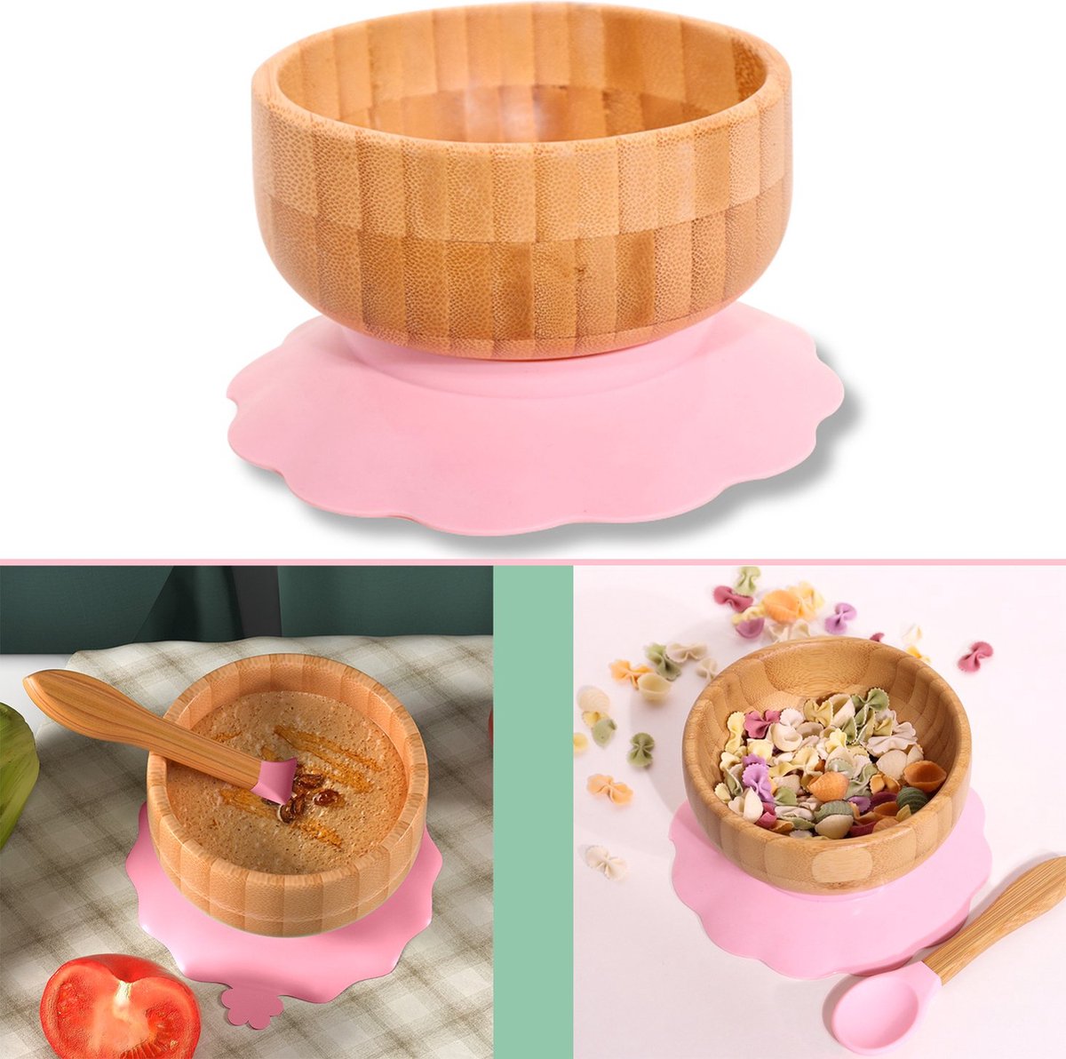 Goedkoopste Intirilife Baby Bamboe Komenset Bamboe Kom met Zuignap en Lepel in Roze - Voor het eten en voeden van baby's en peuters