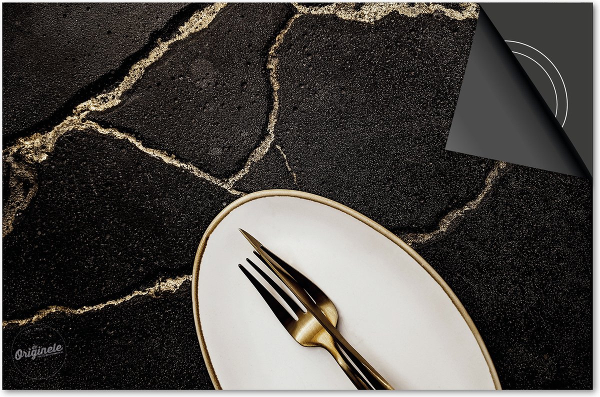 Inductie beschermer 65x52 - afdekplaat inductie mat - Dietrix Kookplaat beschermer - Exclusief - Bestek - Zwart Marmerlook en Gouden Bestek
