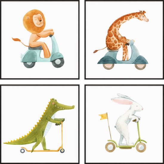 Kinderkamer Posters - Dieren op Scooters - 4 stuks - 40x40 cm - Baby Giraffe, Leeuw, Konijntje en Krokodil - Kinderposter - Babykamer - Babyshower Cadeau - Wanddecoratie - Muurdecoratie