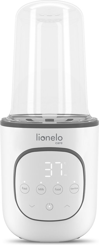 Witte Lionelo flesverwarmer met glazen deksel, grijs accent en digitaal display, frontaal zicht.
