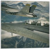 WallClassics - PVC Schuimplaat - Twee Vliegtuigen boven Bergen en Wolken - 50x50 cm Foto op PVC Schuimplaat (Met Ophangsysteem)