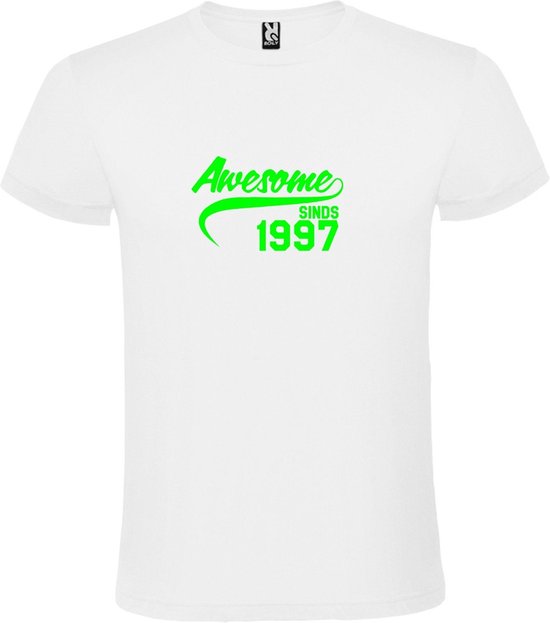 Wit T-Shirt met “Awesome sinds 1997 “ Afbeelding Neon Groen Size M