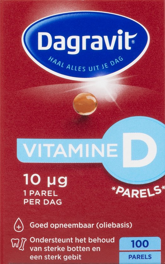 Dagravit Vitamine D 10µg parels - Ondersteunt het behoud van sterke botten en een sterk gebit - Goed opneembaar door de oliebasis - 100 parels