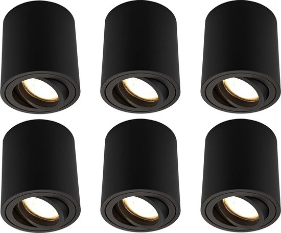 Ledvion 6x LED Opbouwspots, Dimbare LED Lamp, Plafondlamp, Binnen Lamp, Zwarte Lamp, Ronde Lamp, Verlichting, 5W, 2700K, IP20, Incl. GU10 Lamp