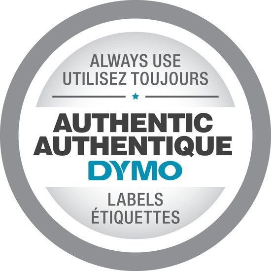Cirkelvormig logo 'AUTHENTIC AUTHENTIQUE DYMO LABELS ÉTIQUETTES' met de tekst 'ALWAYS USE UTILISEZ TOUJOURS'.
