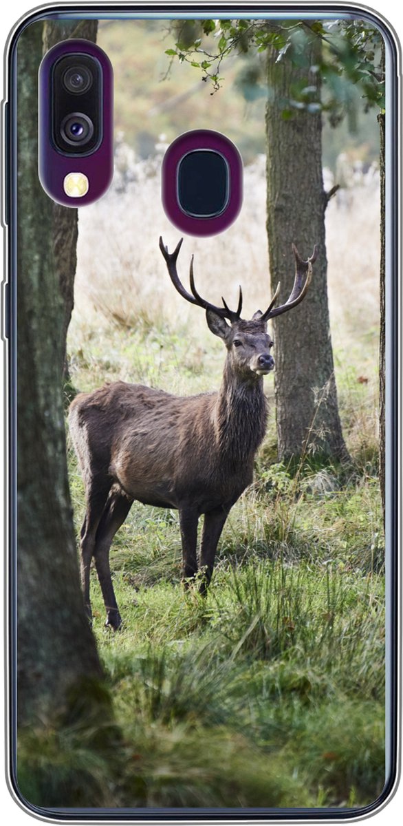 Telefoonhoesje Geschikt voor Samsung Galaxy A40 hoesje - Hert - Bomen - Gras - Siliconen Telefoonhoesje Telefoonhoesje