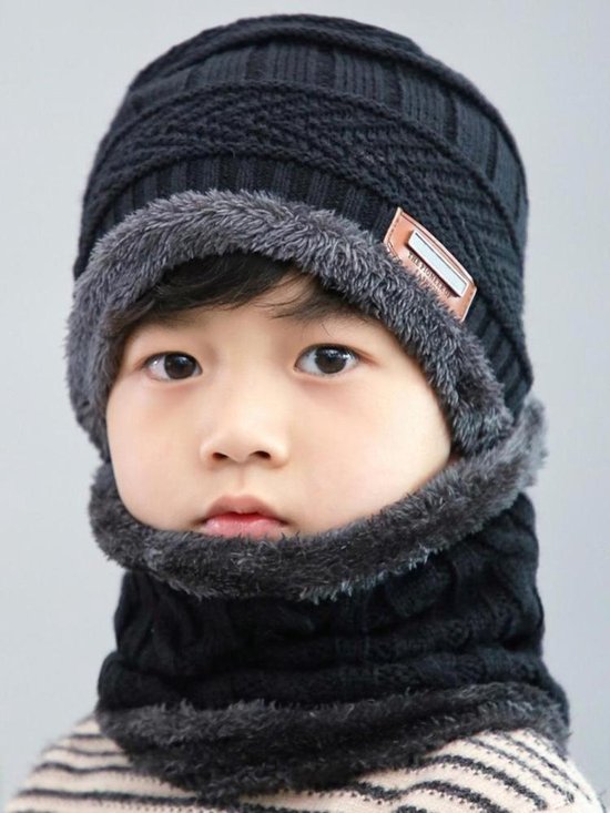 Bonnet d'hiver 3 en 1 Zwart pour enfant, écharpe, gants, bonnet en