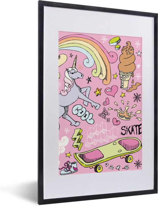 Poster in fotolijst kind - Meisjes - Design - Unicorn - Regenboog - Roze - Wanddecoratie meisjes - Poster eenhoorn - 40x60 cm - Decoratie voor kinderkamers