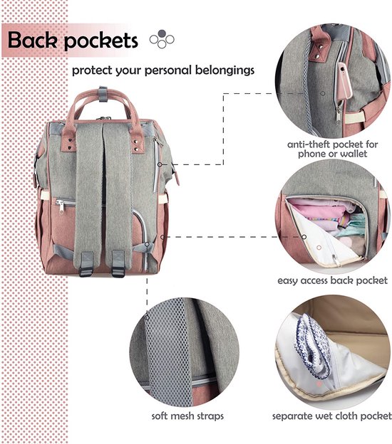RAINSMORE Rugzak Veranderen Multifunctionele Luiertas Rugzak met Draagbare Changing Mat Fopspeen Case Baby Luier Tassen voor Mama en Pap Zwart