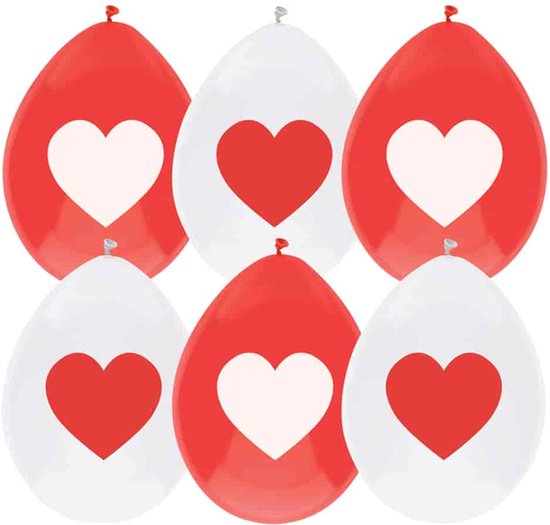 Haza - Ballonnen - Love hartjes print Valentijn - rood/wit - 6x stuks