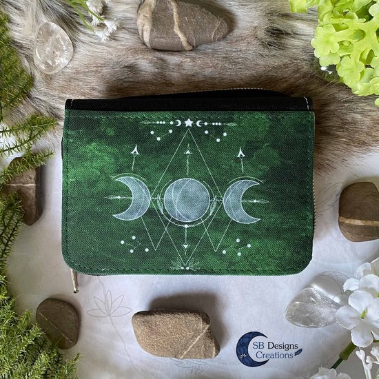 Drievoudige Maan Portemonnee met Rits Groen - Moonchild Portemonnee - Green Witch - Maanheks Cadeau - Unieke kleine portemonnee