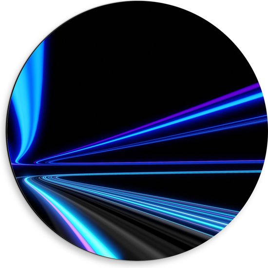 Dibond Muurcirkel - Blauwe en Paarse Neon Strepen in Zwarte Omgeving - 50x50 cm Foto op Aluminium Muurcirkel (met ophangsysteem)