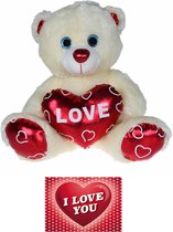 Pluche knuffelbeer 80 cm met wit/rood Valentijn Love hartje incl. hartjes wenskaart