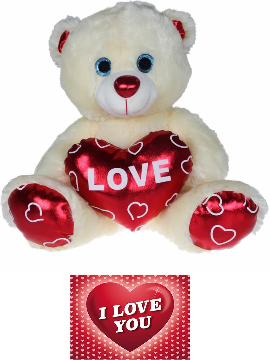 Kruger Pluche knuffelbeer - 70 cm - wit/rood - Valentijn Love hartje - hartjes wenskaart - liefde