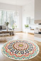 miqna Mandala Color Boho woonkamertapijt, antislip, rond, laagpolig, keukentapijt en balkon, wasbaar, kleurrijk, 140 cm