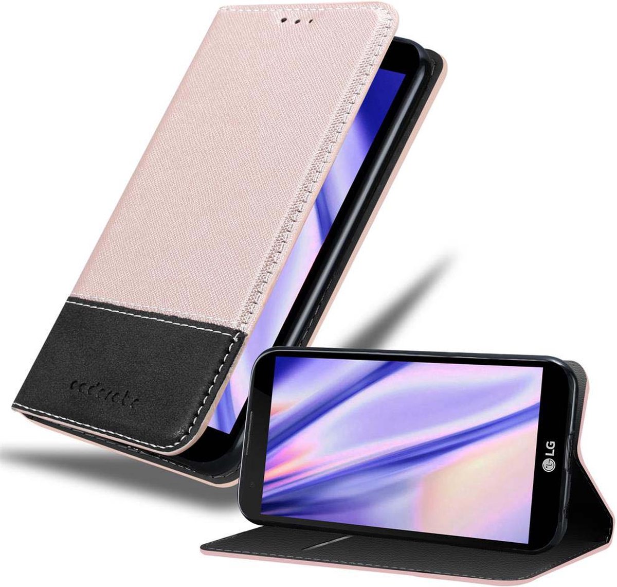 Cadorabo Hoesje geschikt voor LG X POWER in ROSE GOUD ZWART - Beschermhoes met magnetische sluiting, standfunctie en kaartvakje Book Case Cover Etui