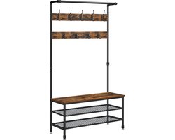 Garderobe - Met bankje - Grote kapstok - Met 9 haken - Schoenenrek - Industriële uitvoering