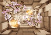 Fotobehang - Vlies Behang - Houten 3D Tunnel met Bloemen en Kristallen Bollen - 152,5 x 104 cm