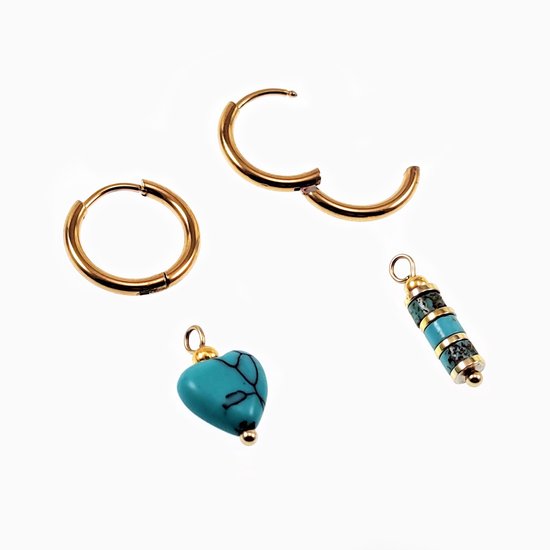Boucles d'oreilles ∅16mm avec Pierres Turquoise - Acier Plaqué Or - Boucles d'oreilles Femme avec Pendentifs Coeur et Tube