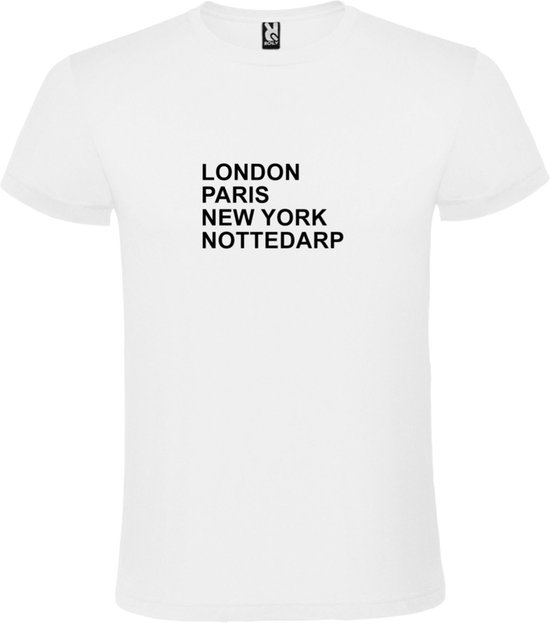 wit T-Shirt met London,Paris, New York , Nottedarp tekst Zwart Size M