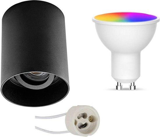 Opbouwspot Set GU10 - Oficto - Smart LED - Wifi LED - Slimme LED - 5W - RGB+CCT - Aanpasbare Kleur - Dimbaar - Afstandsbediening - Proma Luxina Pro - Opbouw Rond - Mat Zwart - Verdiept - Kantelbaar - Ø90mm