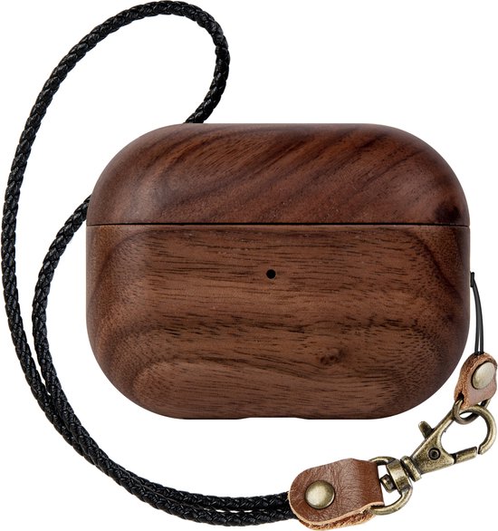 Luxe AirPods Pro (2e generatie) Walnoot Hoesje met Draagriem van Echt Leder