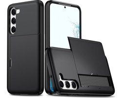 Hoesje met Kaarthouder Slider Geschikt voor Samsung Galaxy S23 Plus | Pasjeshouder Achterkant | Kaarthouder voor twee á drie pasjes | Zwart