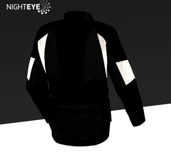 Zwarte jas met reflecterende witte banden op de mouwen en achterkant. "NIGHTEYE" logo linksboven.