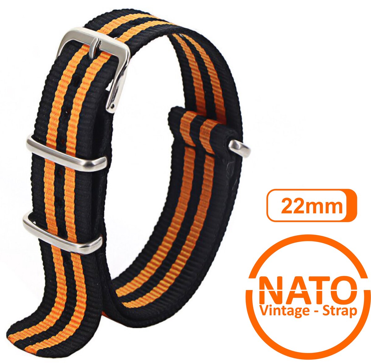 22mm Premium Nato Strap Zwart Oranje - Vintage James Bond - Nato Strap collectie - Mannen - Vrouwen - Horlogeband - 22 mm bandbreedte voor oa. Seiko Rolex Omega Casio en Citizen