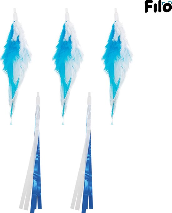 Trois embouts à plumes bleus et blancs et deux embouts à ruban bleus et blancs pour jouet pour chat Filo.