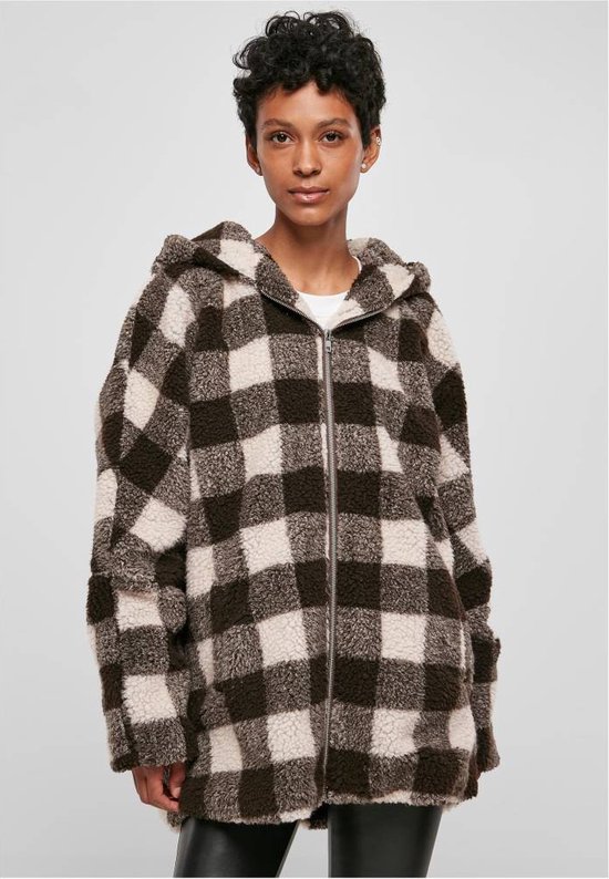 Urban Classics - Hooded Oversized Check Sherpa Jacket - XS - Bruin/Roze