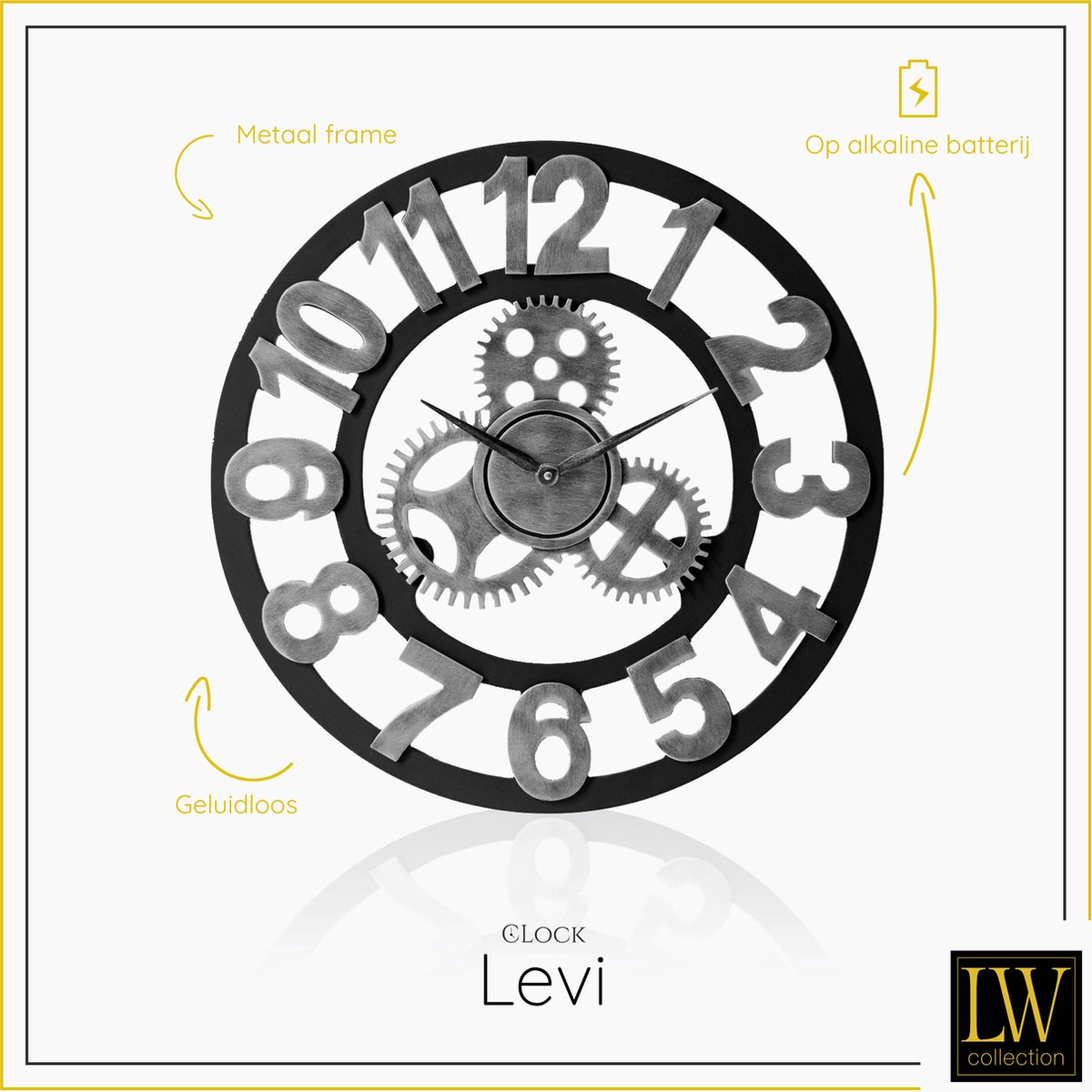 LW Collection XL Wandklok zwart grijs hout 80cm - Grote Industriële wandklok - Wandklok met tandwielen - Landelijke klok stil uurwerk — cadeau in Wonen & Interieur - foto 6