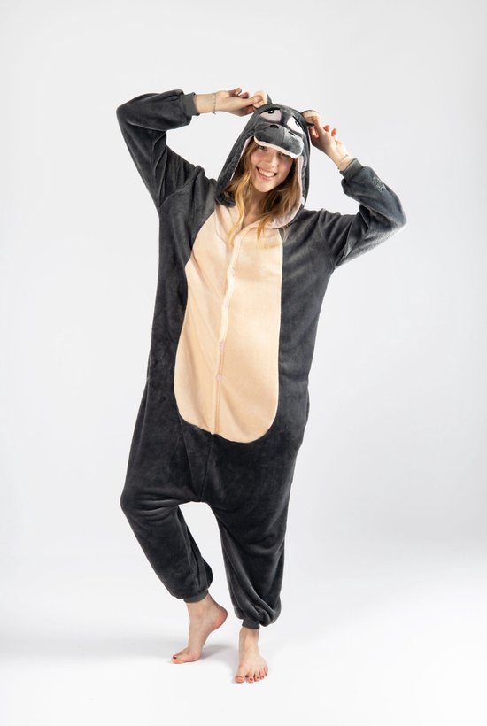 KIMU Onesie Nijlpaard Pak - Maat S-M - Nijlpaardpak Kostuum Grijs Hippo 158 164 - Zacht Jumpsuit Huispak Pyjama Dierenpak Dames Heren Sinterklaas Kado