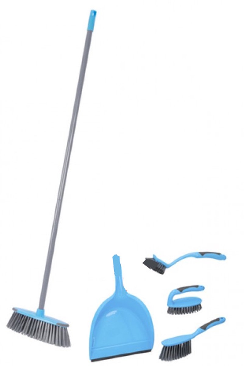 Schoonmaakset 5-delig blauw - bezem - handborstel - borstel - schrobber - handschrobber - stoffer en blik - afwasborstel