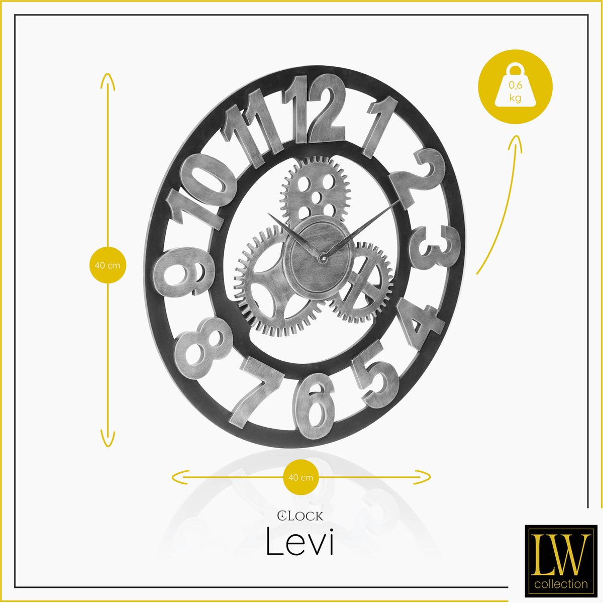 LW Collection Wandklok grijs zwart 40cm - Kleine houten landelijke klok met tandwielen - Industriële wandklok stil uurwerk — cadeau in Wonen & Interieur - foto 3