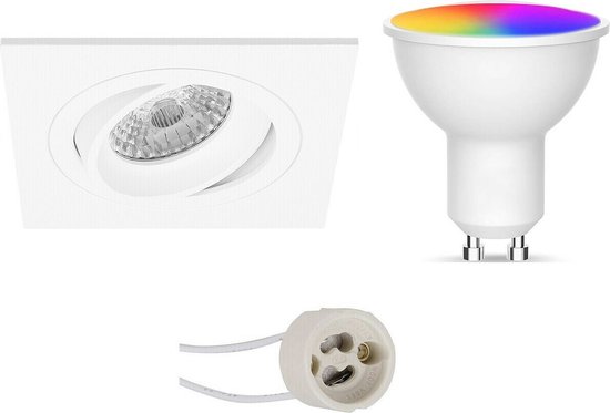 LED Spot Set GU10 - Facto - Smart LED - Wifi LED - Slimme LED - 5W - RGB+CCT - Aanpasbare Kleur - Dimbaar - Afstandsbediening - Pragmi Borny Pro - Inbouw Vierkant - Mat Wit - Kantelbaar - 92mm