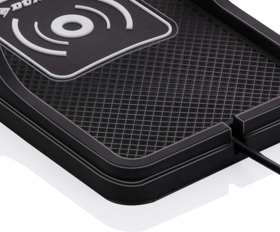 Detail van de zwarte Dunlop draadloze opladerhouder met anti-slip oppervlak en Qi-logo.