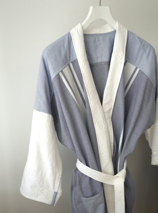 YELIZ YAKAR - Handmade - Luxe unisex sauna kimono / badjas “ Sunrise IV ”- ochtendjas - size3=L/XL - 100% katoen - blauw en wit tinten streep - designer kleding - kerst - luxecadeau - kerstcadeau