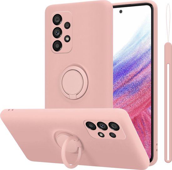 Coque de téléphone rose clair avec anneau, montrée dans trois positions.