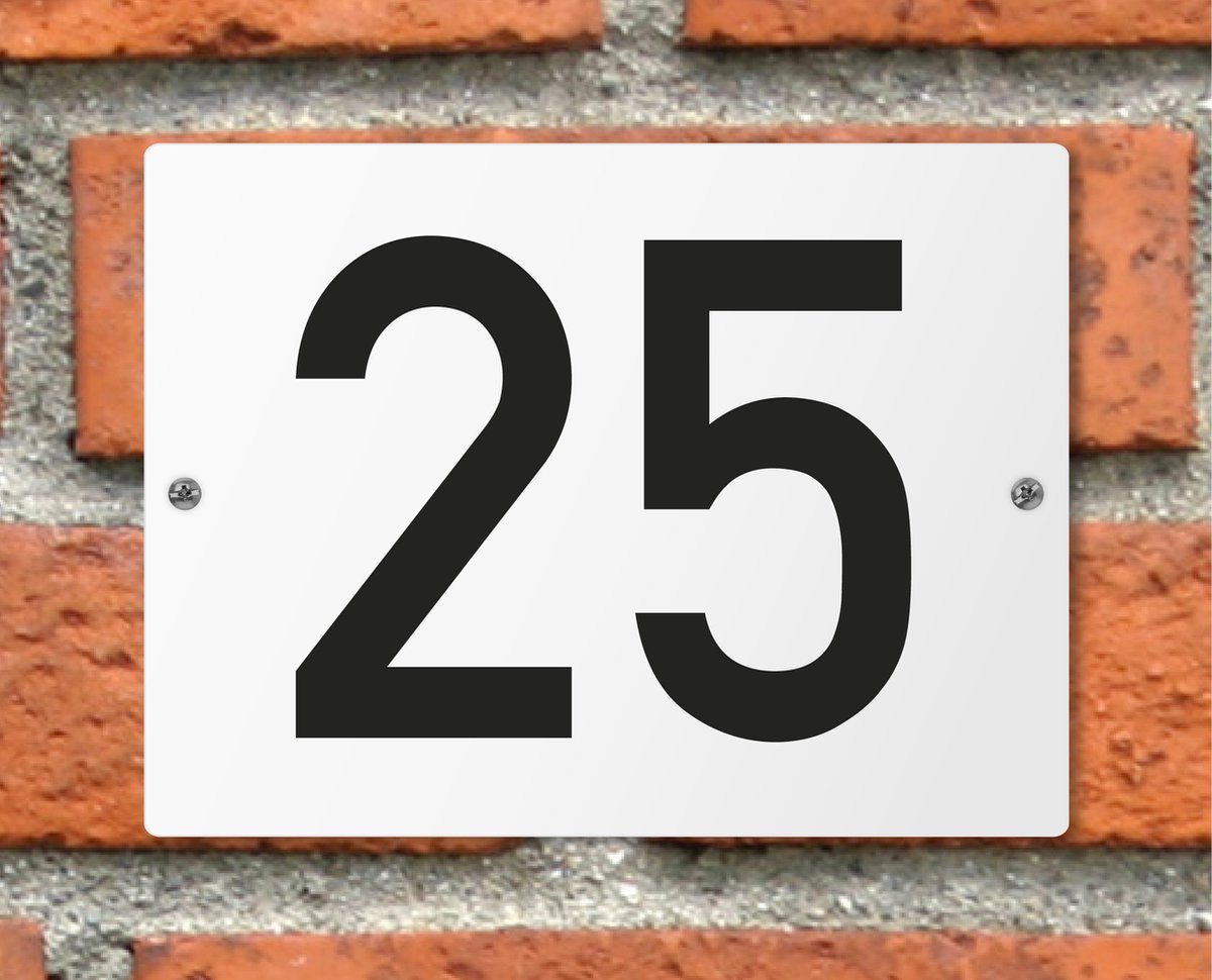 Huisnummerbord wit - Nummer 25 - standaard - 16 x 12 cm - schroeven - naambord - nummerbord - voordeur