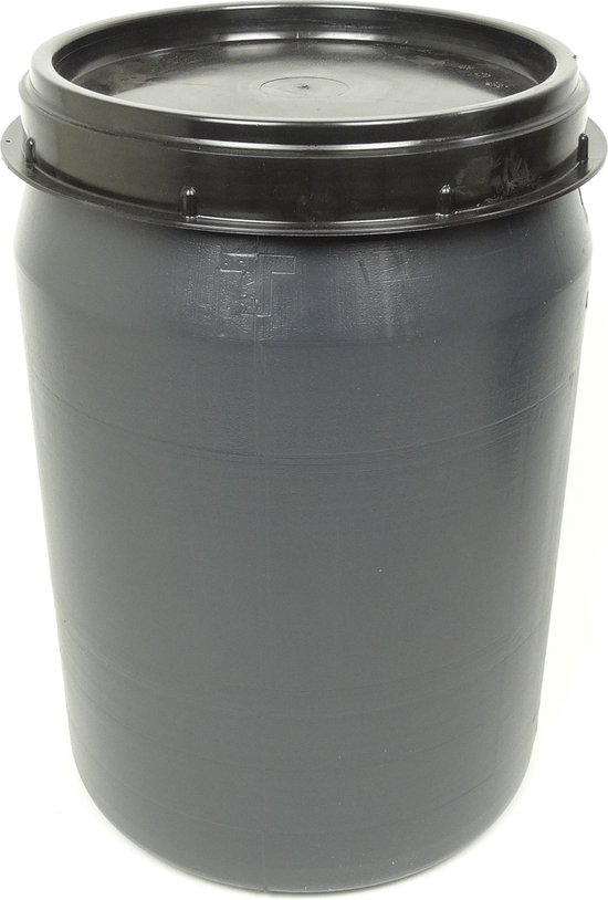 Grijze kunststof voerton van 40 liter, gesloten met een zwart schroefdeksel.