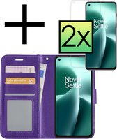 Hoes Geschikt voor OnePlus Nord 2T Hoesje Book Case Hoes Flip Cover Wallet Bookcase Met 2x Screenprotector - Paars