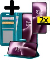 Hoesje Geschikt voor OnePlus Nord 2T Hoesje Book Case Hoes Wallet Cover Met 2x Screenprotector - Hoes Geschikt voor OnePlus Nord 2T Hoesje Bookcase Hoes - Turquoise