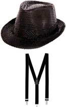Toppers - Folat - Verkleedkleding set - Glitter hoed/bretels zwart volwassenen