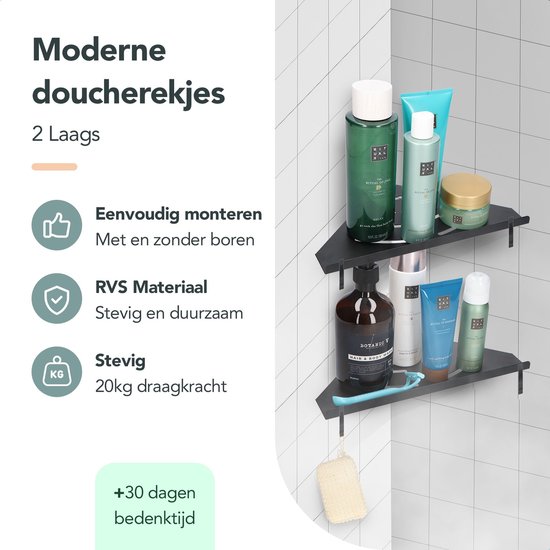 Support de douche inox 2 pièces noir - Sans perçage - Support mural d'angle  suspendu 