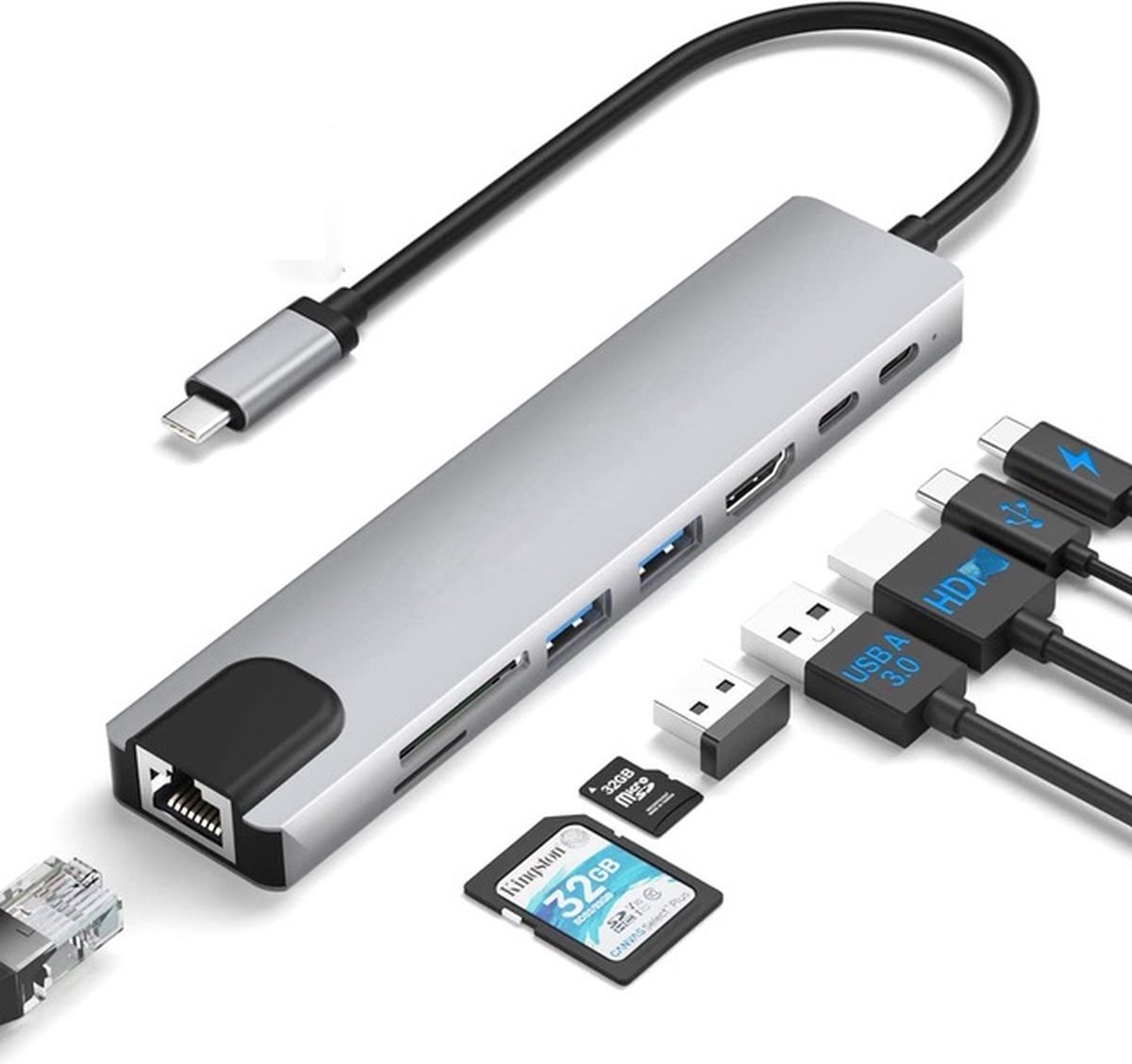 TOJ - 8 in 1 USB C Hub - 4K HDMI - Ethernet Adapter 100Mbps - USB 3.0 - Micro SD / SD Kaartlezer